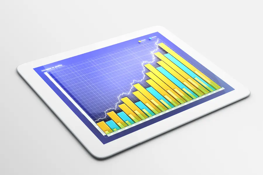 Tablet showing a business graph growing week over week
