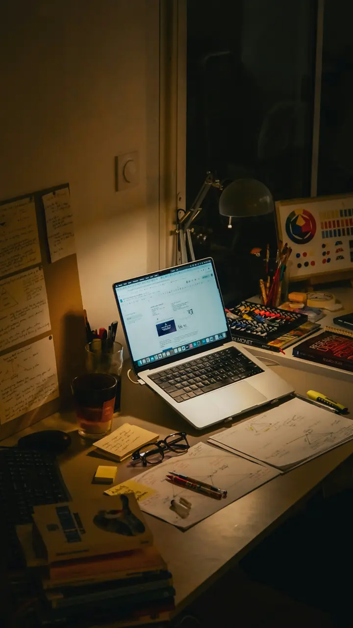Warm lamp over a cluttered work desk