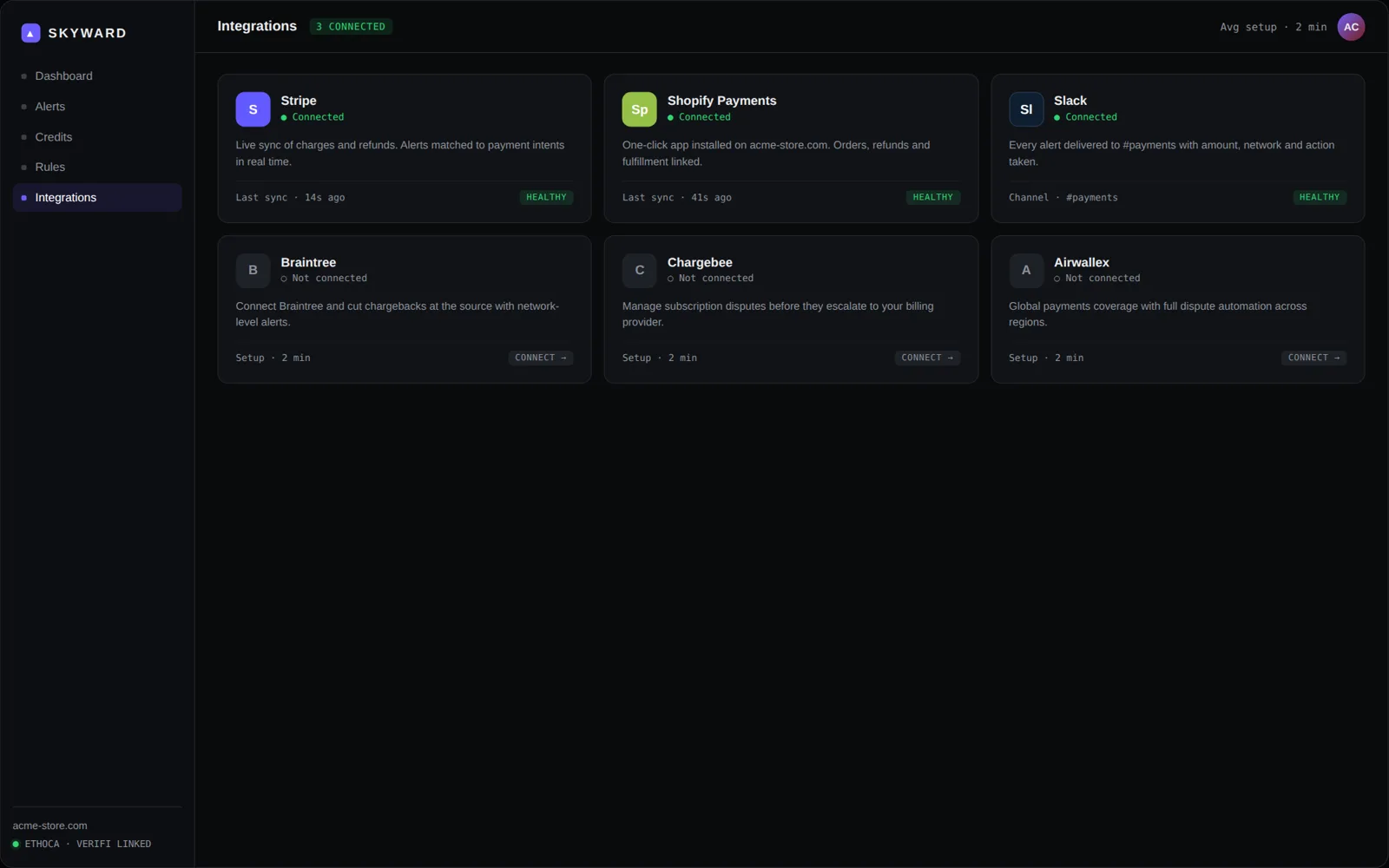 Skyward agent console — Stripe, Shopify and Slack integrations